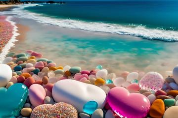 有彩色石头的沙滩图片壁纸 爱心石头