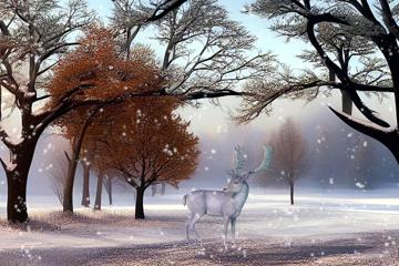 手绘冬季树林雪景壁纸 麋鹿图片
