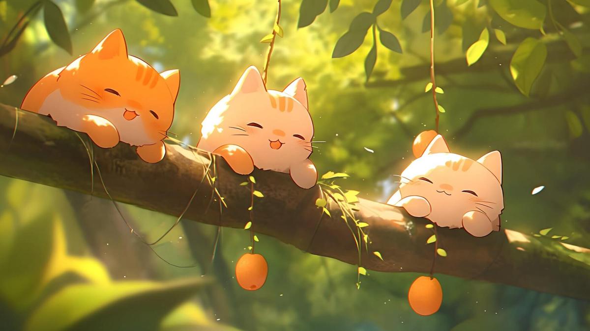 树枝上的三只猫咪图片 电脑壁纸可爱
