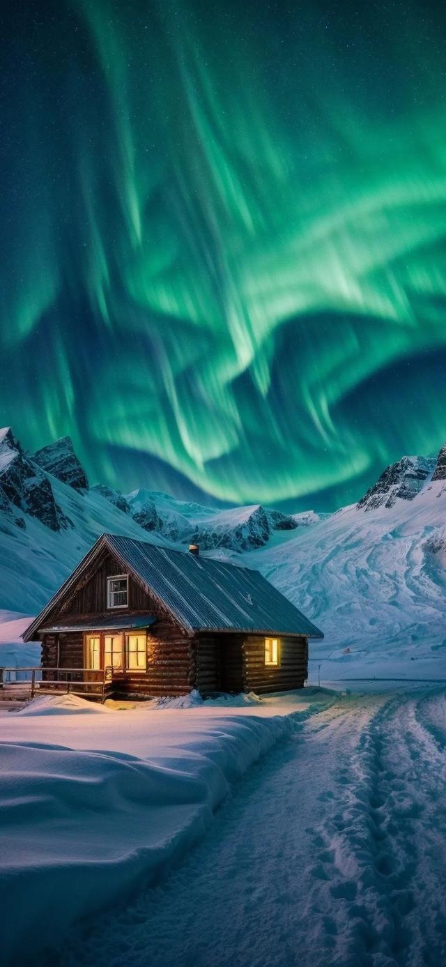 极光手机壁纸高清图片 冬季小屋唯美风景