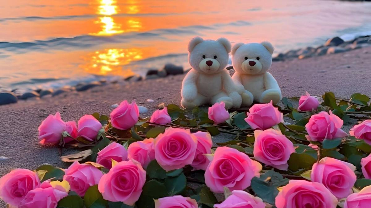 最美海滩风景图片 小熊 玫瑰花